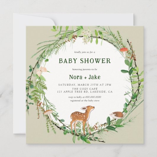  whimsical forest wreath baby shower 招待状 (正面)