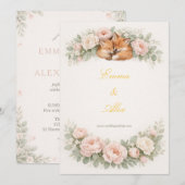 Whimsical Fox & Pastel Floral Wedding Invitation 招待状 (正面/裏面)