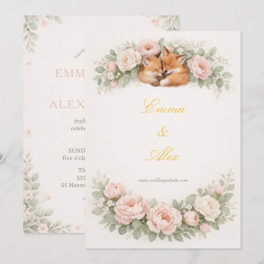 Whimsical Fox & Pastel Floral Wedding Invitation 招待状 (正面/裏面)