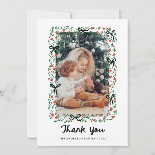 Whimsical Frame and Bow | Photo Christmas サンキューカード (正面)