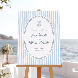 Whimsical Frame Blue Stripes Wedding Welcome Sign ポスター