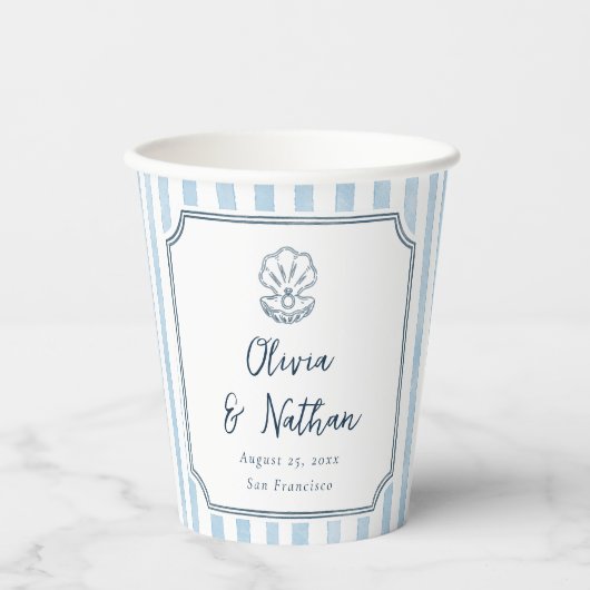 Whimsical Frame Retro Blue Stripes Wedding 紙コップ (正面)