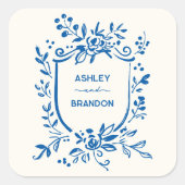 Whimsical French Blue Botanical Crest Wedding スクエアシール (正面)