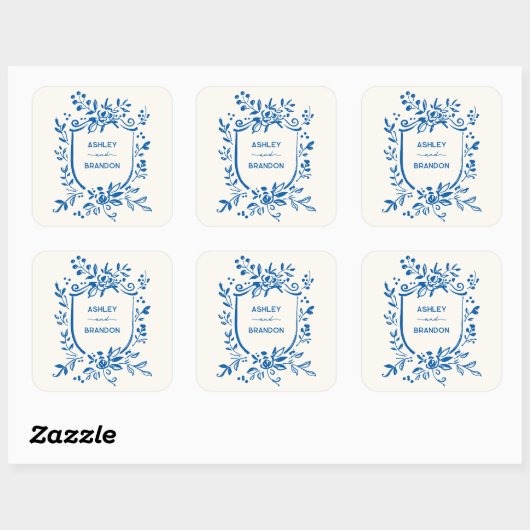Whimsical French Blue Botanical Crest Wedding スクエアシール (シート)