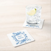 Whimsical French Blue Botanical Crest Wedding スクエアペーパーコースター (インサイチュ)