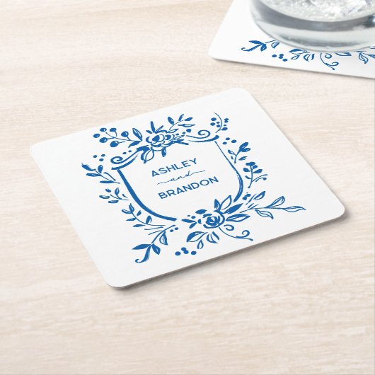 Whimsical French Blue Botanical Crest Wedding スクエアペーパーコースター (アングル)