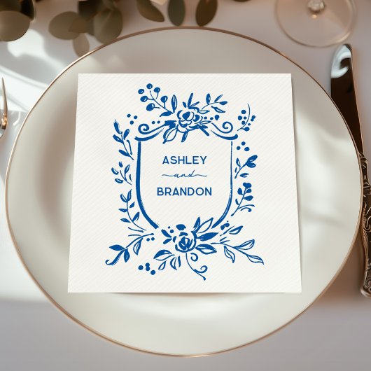 Whimsical French Blue Botanical Crest Wedding スタンダードカクテルナプキン