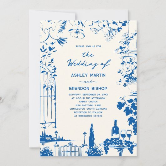 Whimsical French Blue Garden Pastoral Wedding  招待状 (正面)