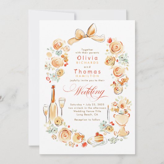 Whimsical French Floral Hand Drawn Fall Wedding 招待状 (正面)