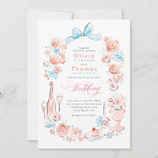 Whimsical French Floral Hand Drawn Wedding 招待状 (正面)