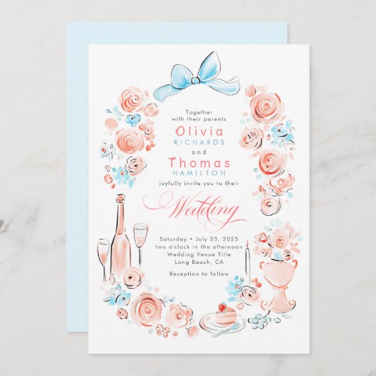 Whimsical French Floral Hand Drawn Wedding 招待状 (正面/裏面)