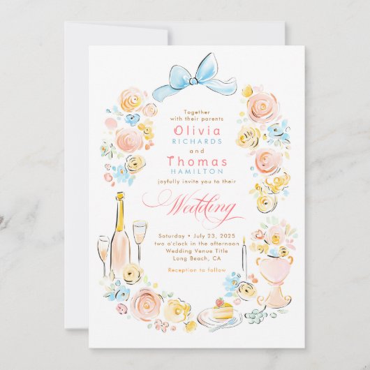 Whimsical French Floral Hand Drawn Wedding 招待状 (正面)