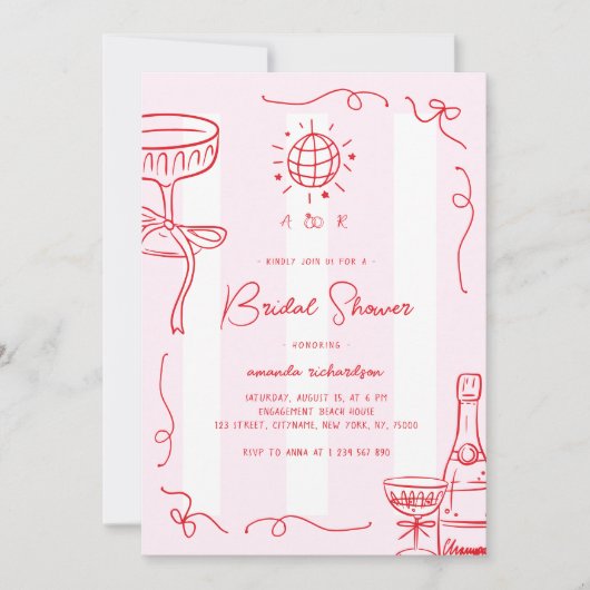 Whimsical French Fun Hand Drawn Bridal Shower 招待状 (正面)