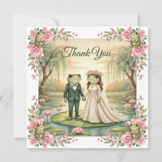 Whimsical Frog Couple Wedding Thank You Card サンキューカード (正面)