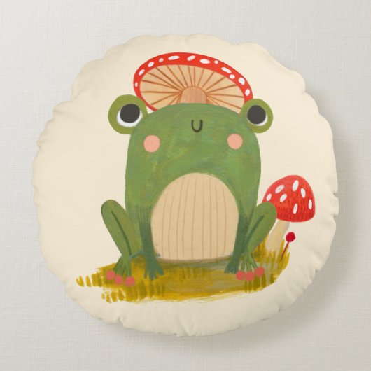 Whimsical Frog Pillow – Cute Woodland Nursery ラウンドクッション (正面)