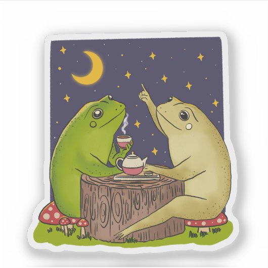 Whimsical Frogs Tea Party At Night Illustration シール (正面)