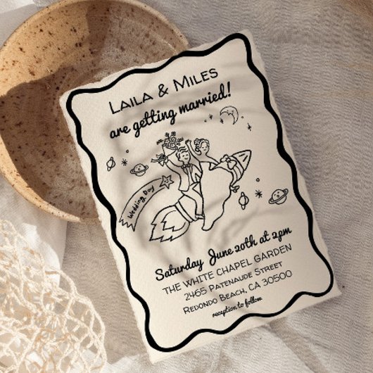 Whimsical fun Rocket wedding invitation セーブザデート