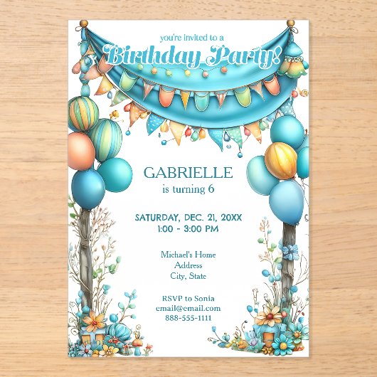 Whimsical Fun Teal Birthday  アクリル招待状 (正面)