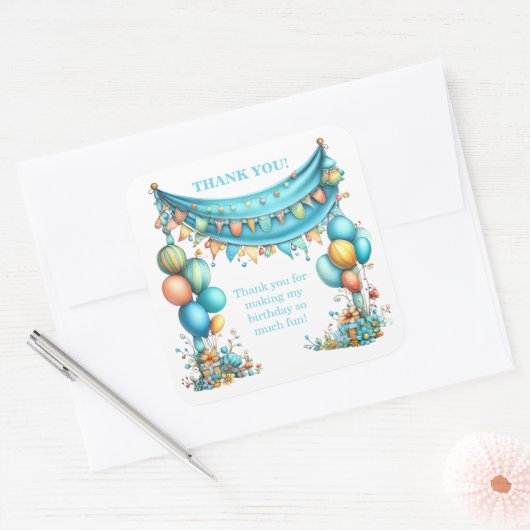 Whimsical Fun Teal Birthday  スクエアシール (封筒)