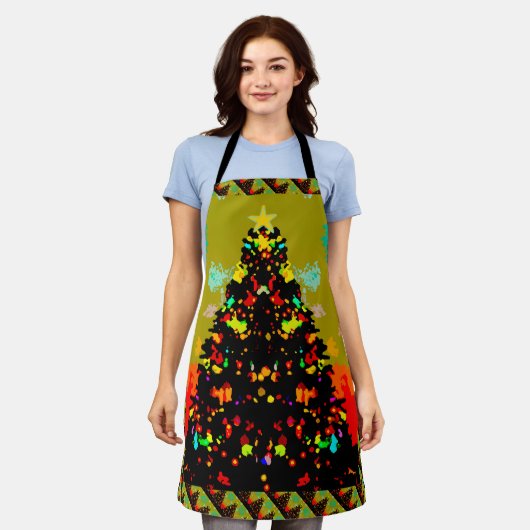 Whimsical Fun Trendy Christmas Tree Folk Art エプロン (着用した状態)