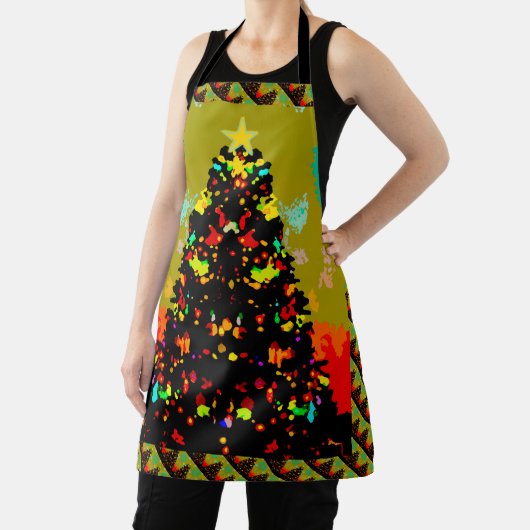 Whimsical Fun Trendy Christmas Tree Folk Art エプロン (インサイチュ)