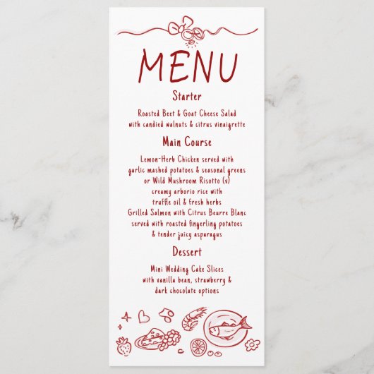 Whimsical Funky Decor Handwritten Red Wedding Menu メニュー (正面)