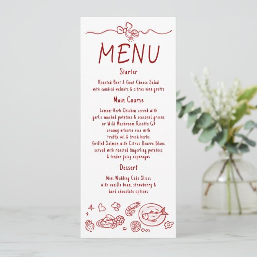 Whimsical Funky Decor Handwritten Red Wedding Menu メニュー (スタンド正面)