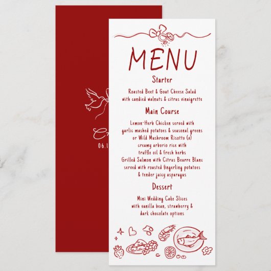 Whimsical Funky Decor Handwritten Red Wedding Menu メニュー (正面/裏面)