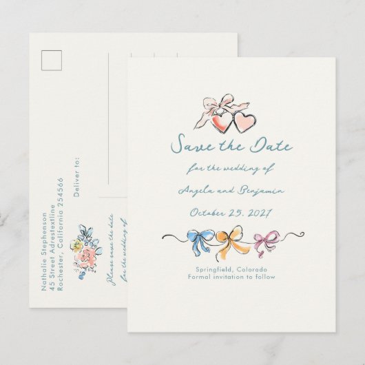 Whimsical Funky Hand Drawn Bows Save The Date 案内ポストカード (正面/裏面)