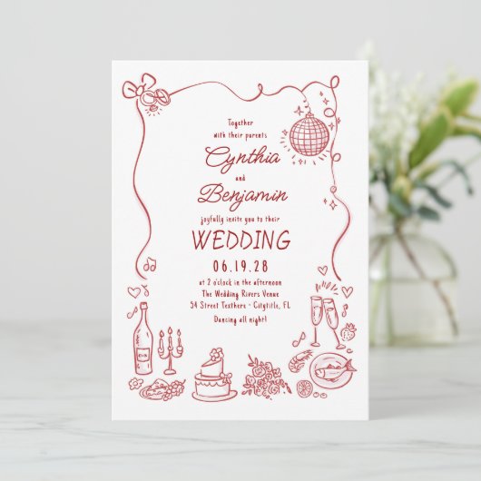 Whimsical Funky Hand Drawn Burgundy Retro Wedding 招待状 (スタンド正面)