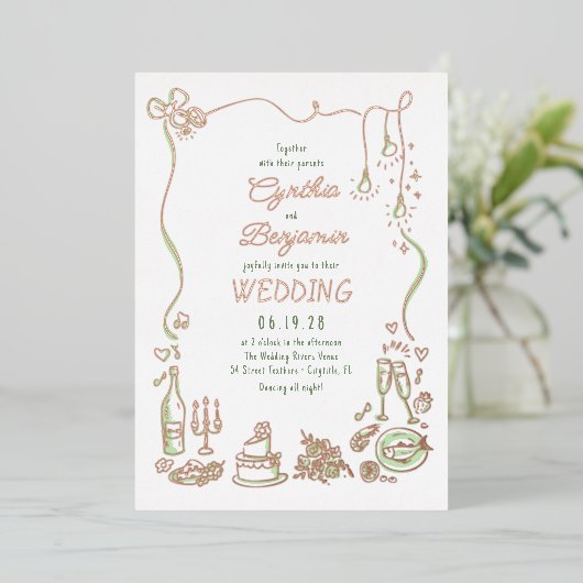 Whimsical Funky Hand Drawn Doodles Wedding 箔招待状 (立ち正面)