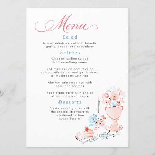 Whimsical Funky Hand Drawn Dusty Blue Wedding Menu メニュー (正面)