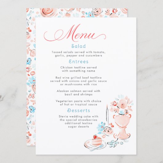 Whimsical Funky Hand Drawn Dusty Blue Wedding Menu メニュー (正面/裏面)
