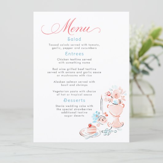 Whimsical Funky Hand Drawn Dusty Blue Wedding Menu メニュー (スタンド正面)