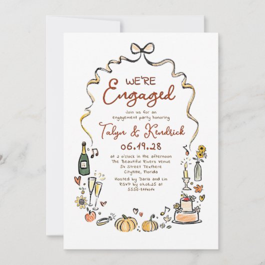 Whimsical Funky Hand Drawn Fall Engagement Party 招待状 (正面)