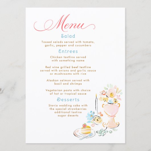 Whimsical Funky Hand Drawn Pastel Wedding Menu メニュー (正面)