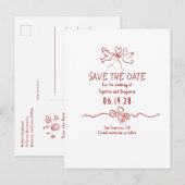 Whimsical Funky Hand Drawn Save The Date 案内ポストカード (正面/裏面)