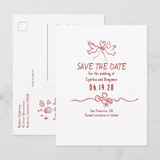 Whimsical Funky Hand Drawn Save The Date 案内ポストカード (正面/裏面)