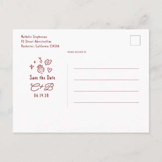 Whimsical Funky Hand Drawn Save The Date 案内ポストカード (裏面)