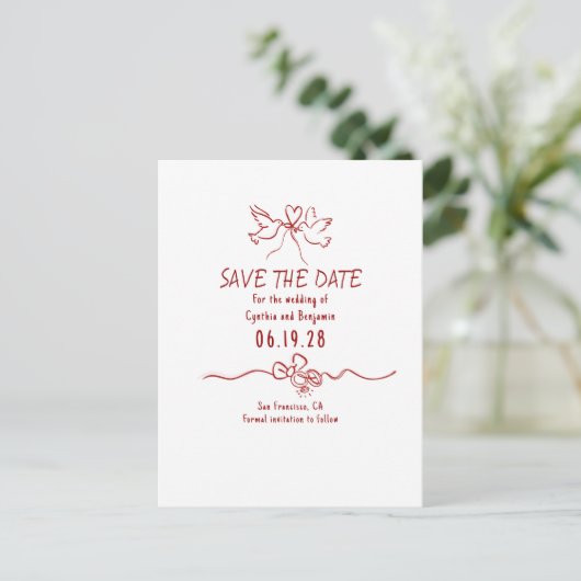 Whimsical Funky Hand Drawn Save The Date 案内ポストカード (スタンド正面)