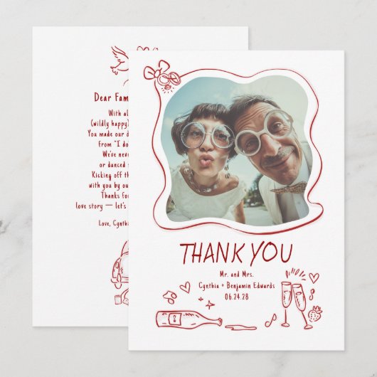 Whimsical Funky Hand Drawn Wedding Photo サンキューカード (正面/裏面)