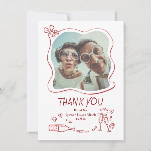 Whimsical Funky Hand Drawn Wedding Photo サンキューカード (正面)