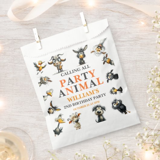 Whimsical Funny Animals 2nd Birthday Party フェイバーバッグ (クリップ留めされた状態)
