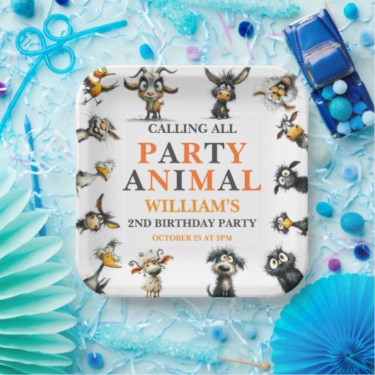 Whimsical Funny Animals 2nd Birthday Party ペーパープレート (パーティー)