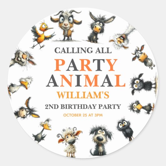 Whimsical Funny Animals 2nd Birthday Party ラウンドシール (正面)