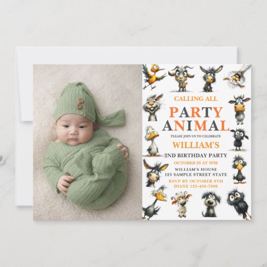 Whimsical Funny Animals 2nd Birthday Party 招待状 (正面)