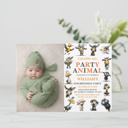 Whimsical Funny Animals 2nd Birthday Party 招待状 (スタンド正面)