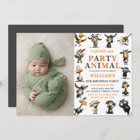 Whimsical Funny Animals 2nd Birthday Party 招待状 (正面/裏面)