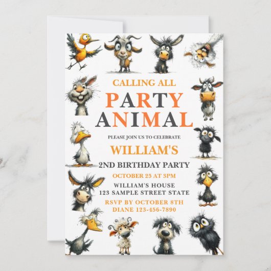 Whimsical Funny Animals 2nd Birthday Party 招待状 (正面)