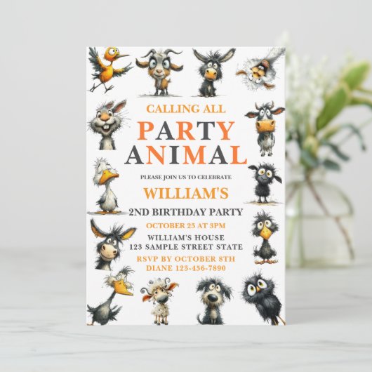 Whimsical Funny Animals 2nd Birthday Party 招待状 (スタンド正面)